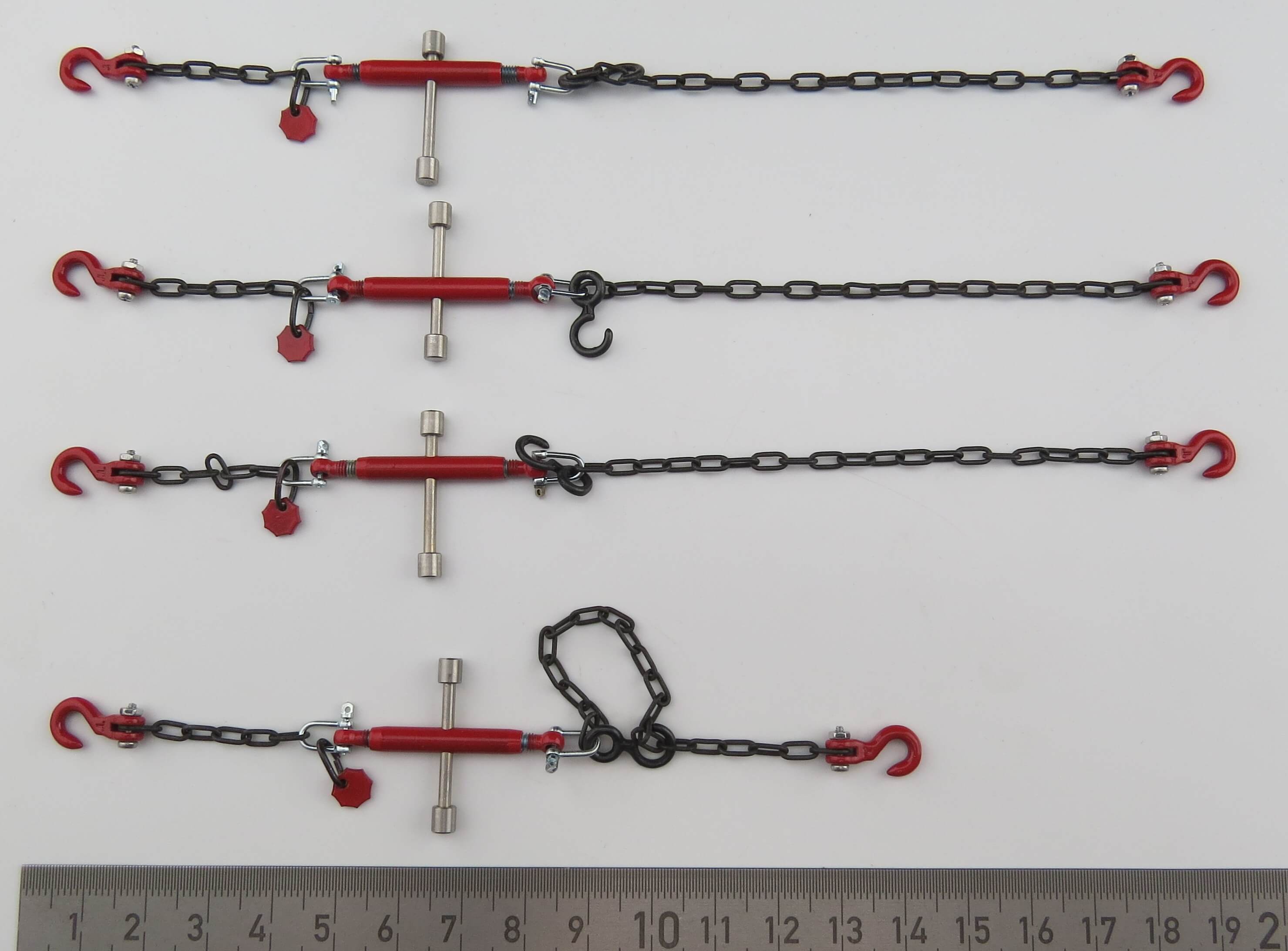 Zurrketten mit Knebel und Haken, rot. Mit Verkürzungs-Hake  