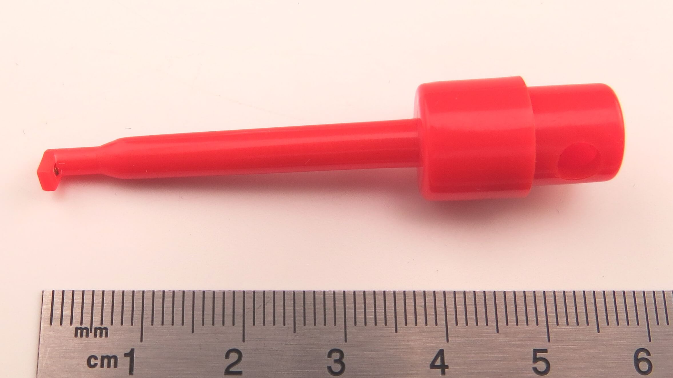 Prüfclip mit Haken (federnd) ROT. Ausführung, lötbar