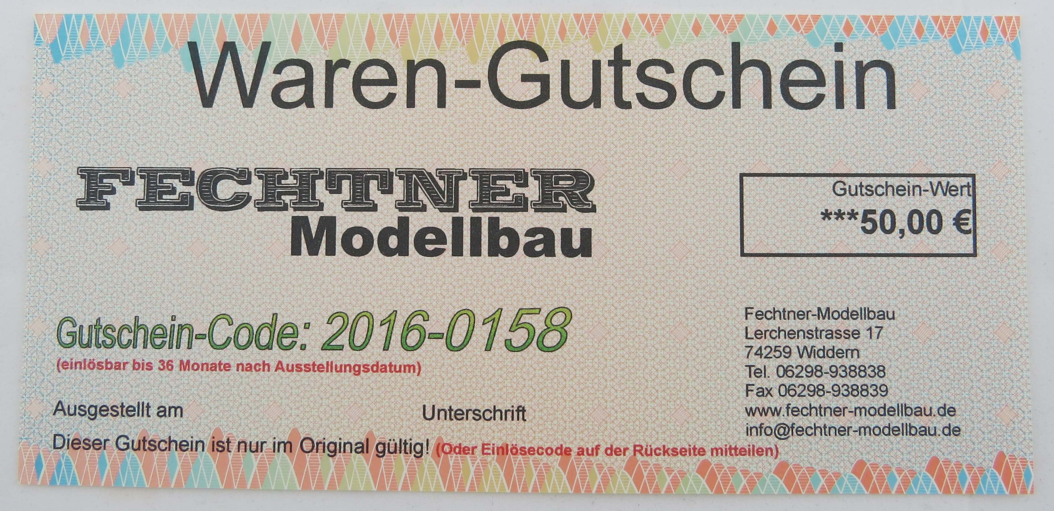 Warengutschein im Wert von 50 Euro. Der Gutschein kann im