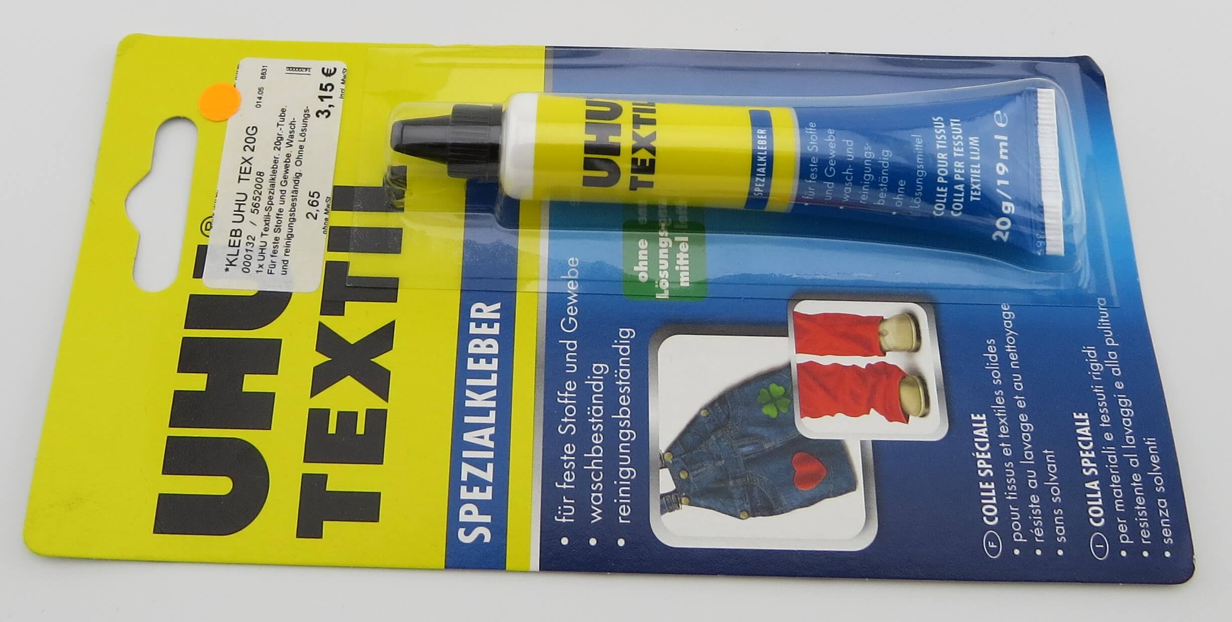 UHU Textil-Spezialkleber. 20gr.-Tube.    Für feste Stoffe un