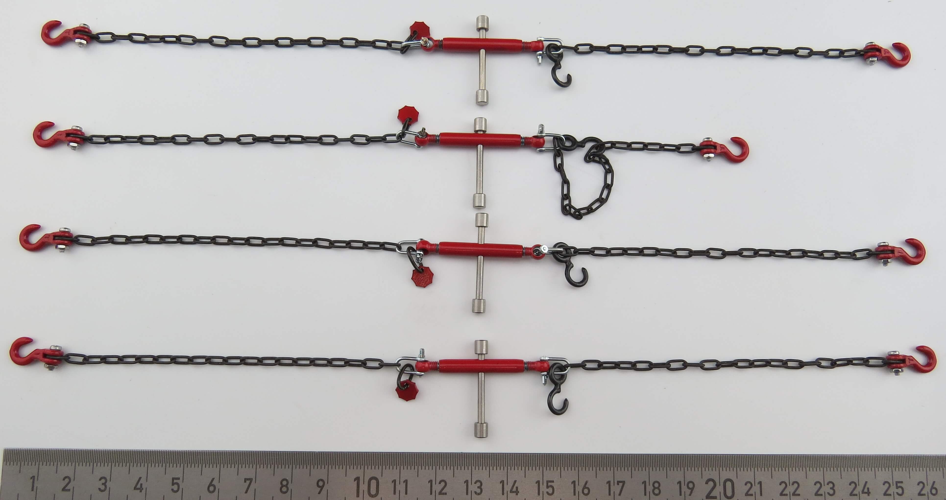 Zurrketten mit Knebel und Haken, rot. Mit Verkürzungs-Hake  